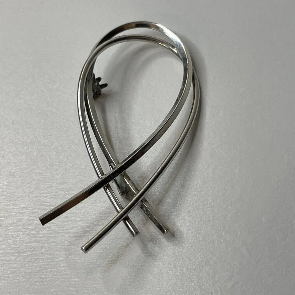 ISRAEL 925 Signed Sterling Silver Vintage Open‎ Double Ribbon Brooch Pin AL5.7